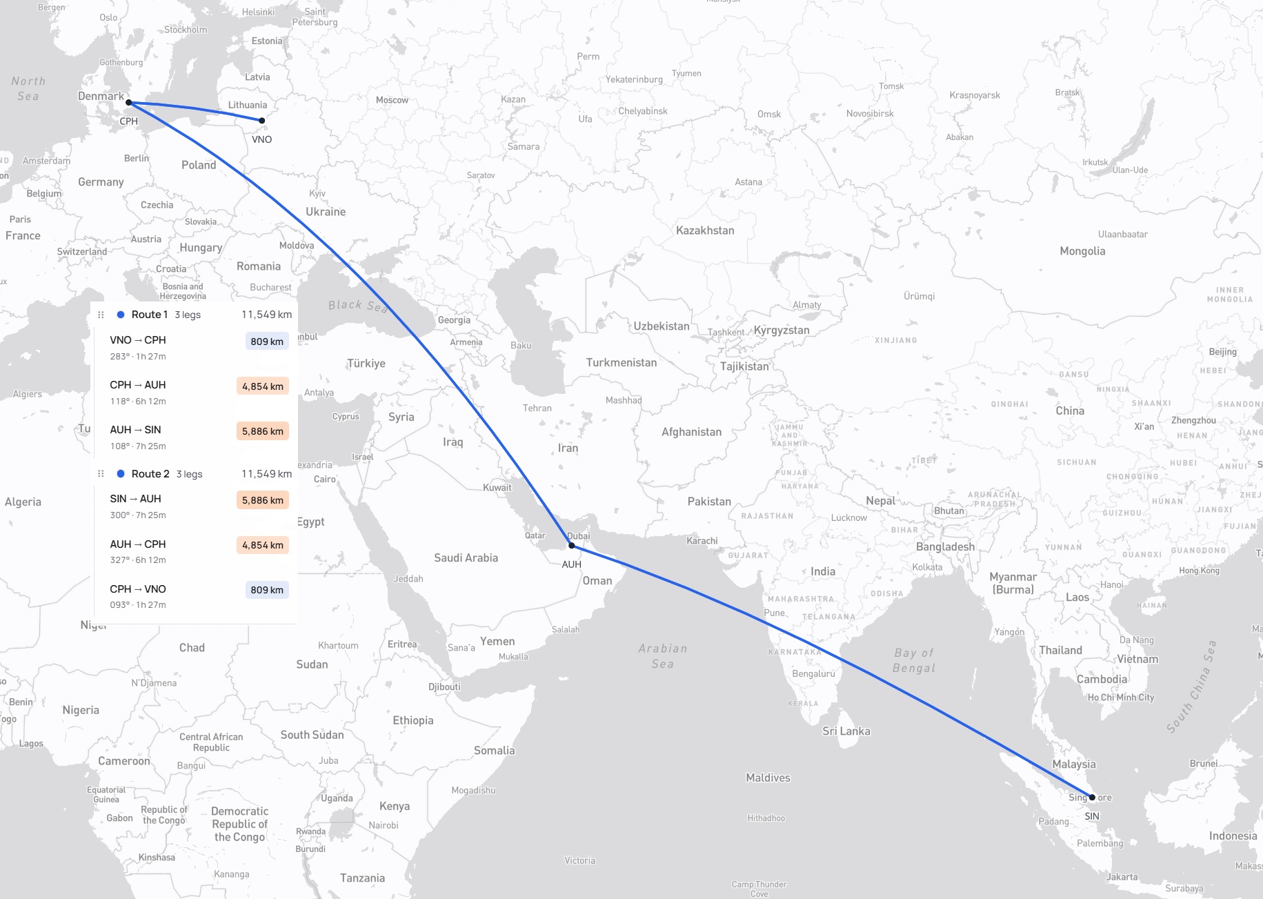 Kelionės maršrutas Vilnius – Kopenhaga – Abu Dabis – Singapūras – Abu Dabis – Kopenhaga – Vilnius