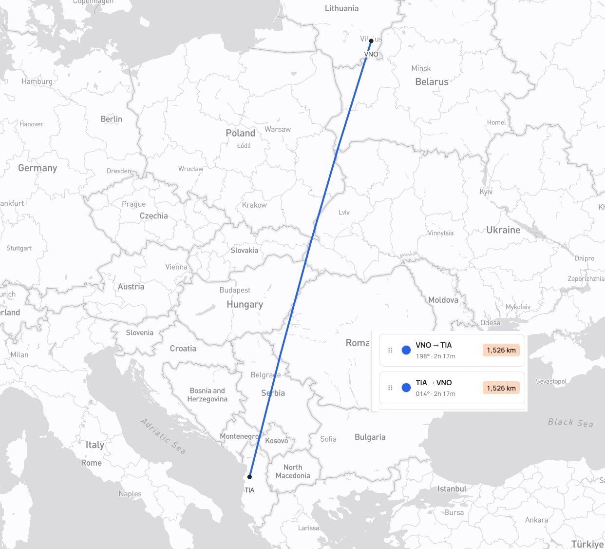Kelionės maršrutas Vilnius – Tirana – Vilnius