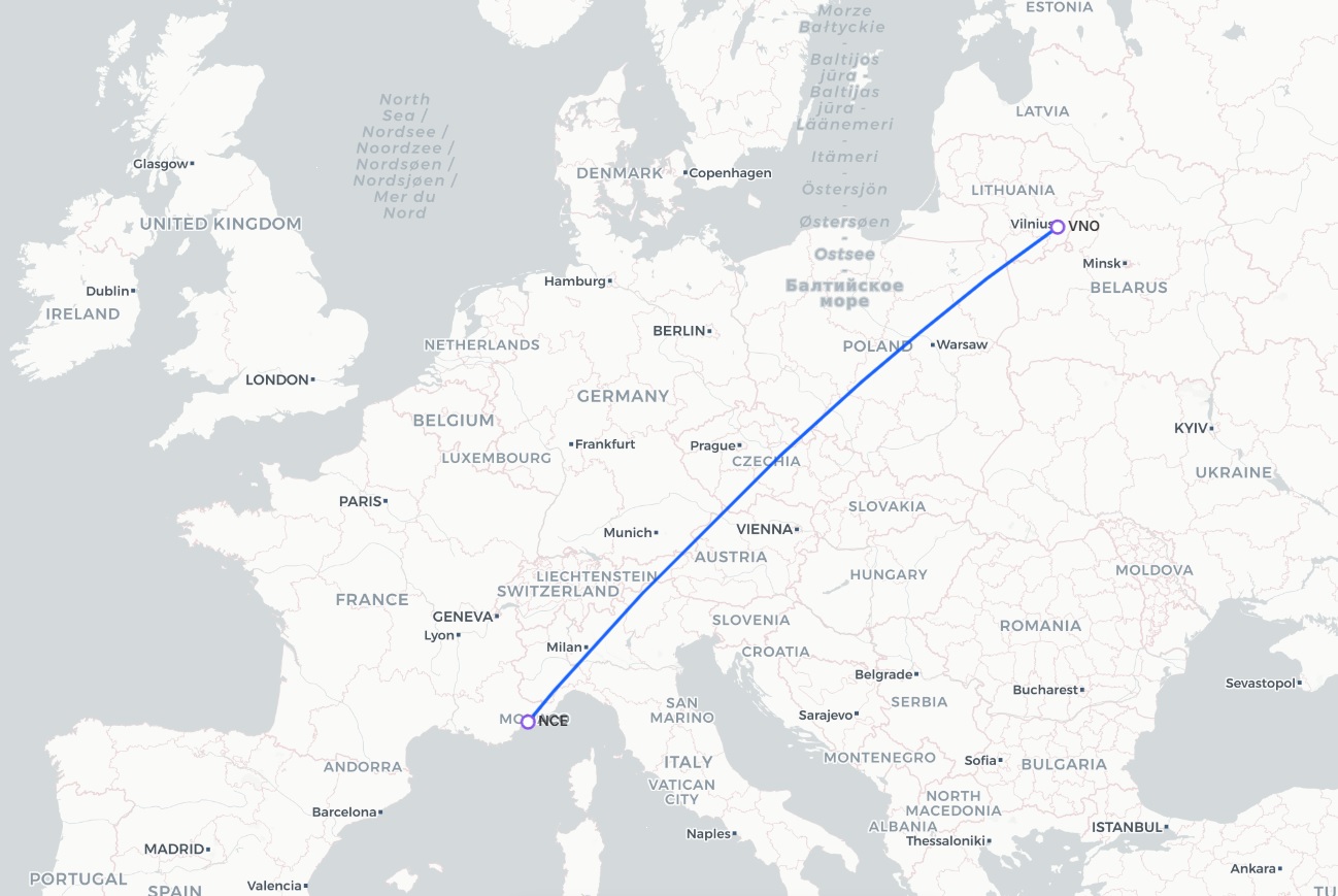 Kelionės maršrutas Vilnius – Nica – Vilnius