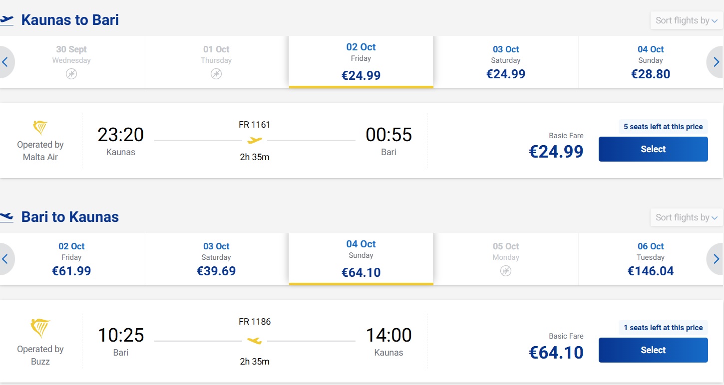 Pigūs bilietai į Barį iš Kauno nuo 89 eurų