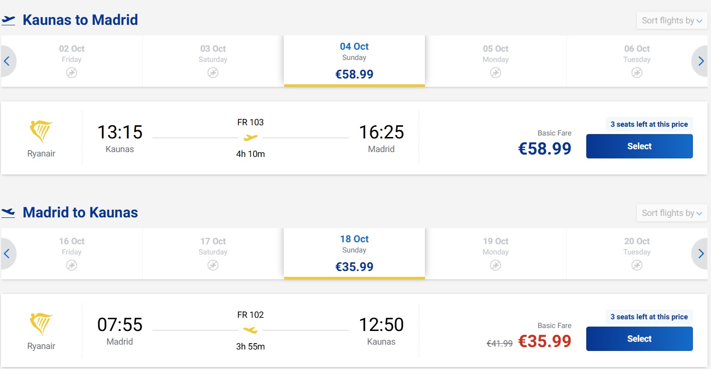 Pigūs bilietai į Madridą iš Kauno nuo 94,98 eurų
