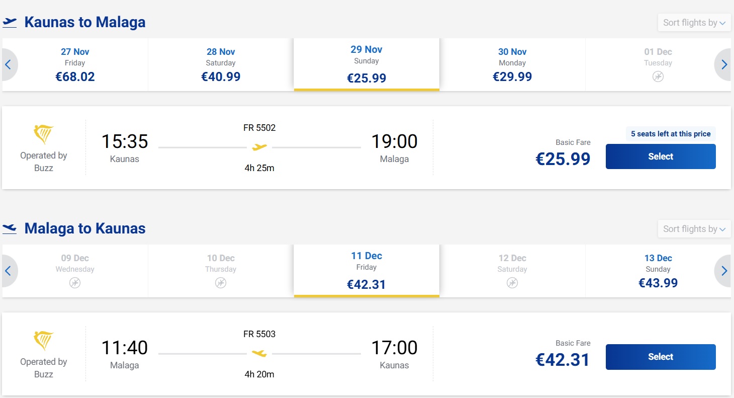 Pigūs bilietai į Malagą iš Kauno nuo 68,30 euro