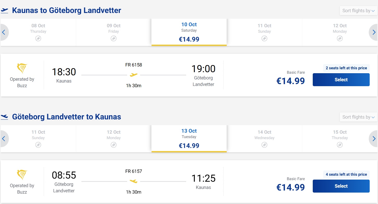 Pigūs bilietai į Geteborgą iš Kauno nuo 30 eurų