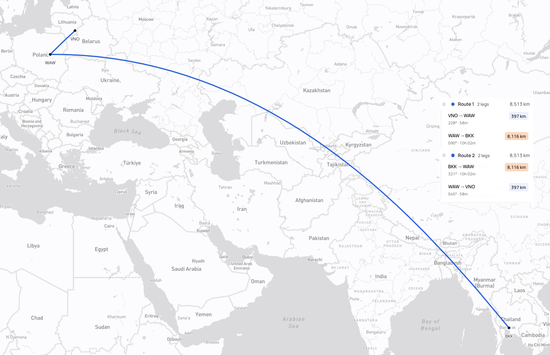 Kelionės maršrutas Vilnius – Varšuva – Bankokas – Varšuva – Vilnius