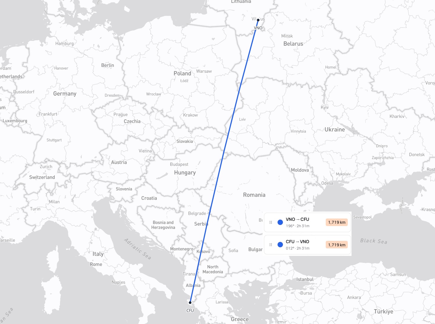 Kelionės maršrutas Vilnius – Korfu – Vilnius