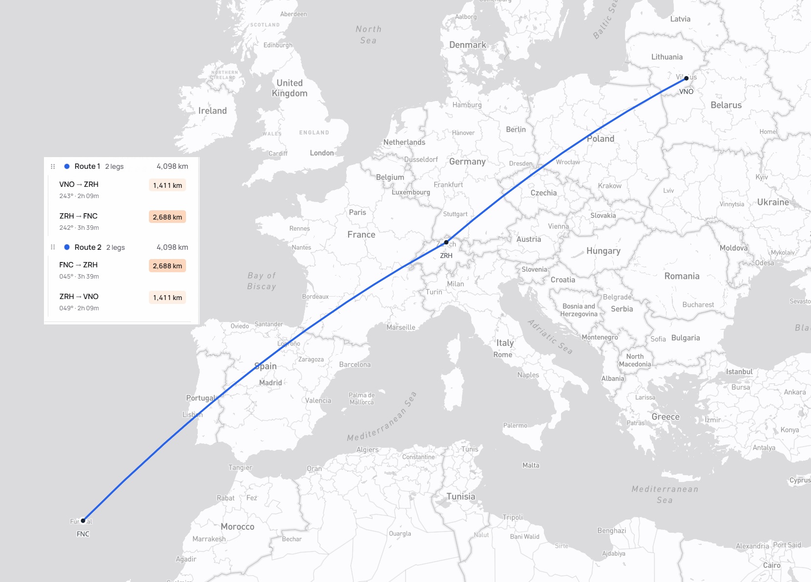 Kelionės maršrutas Vilnius – Ciurichas – Madeira – Ciurichas – Vilnius