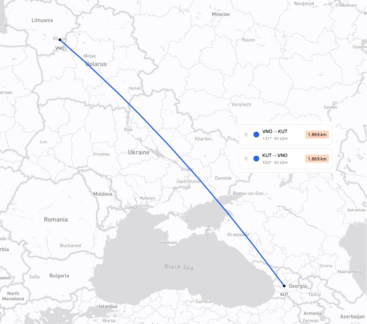 Kelionės maršrutas Vilnius – Kutaisis – Vilnius