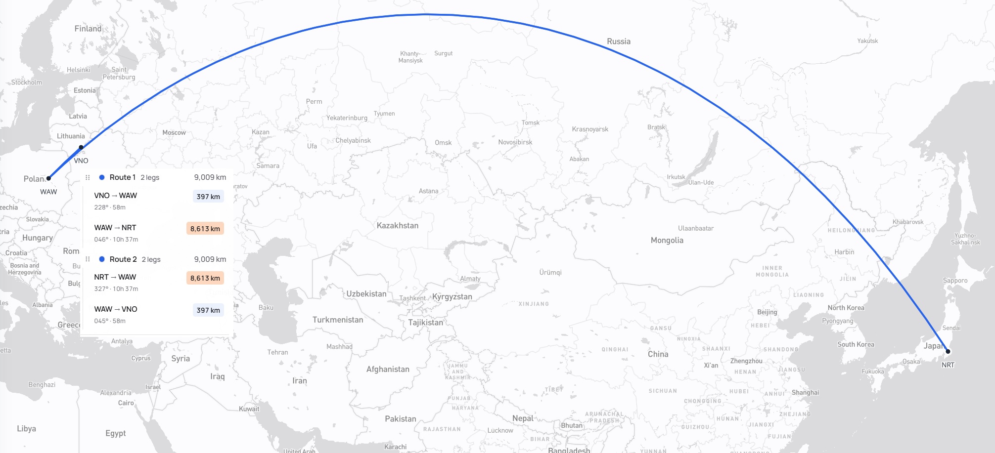 Kelionės maršrutas Vilnius – Varšuva – Tokijas – Varšuva – Vilnius