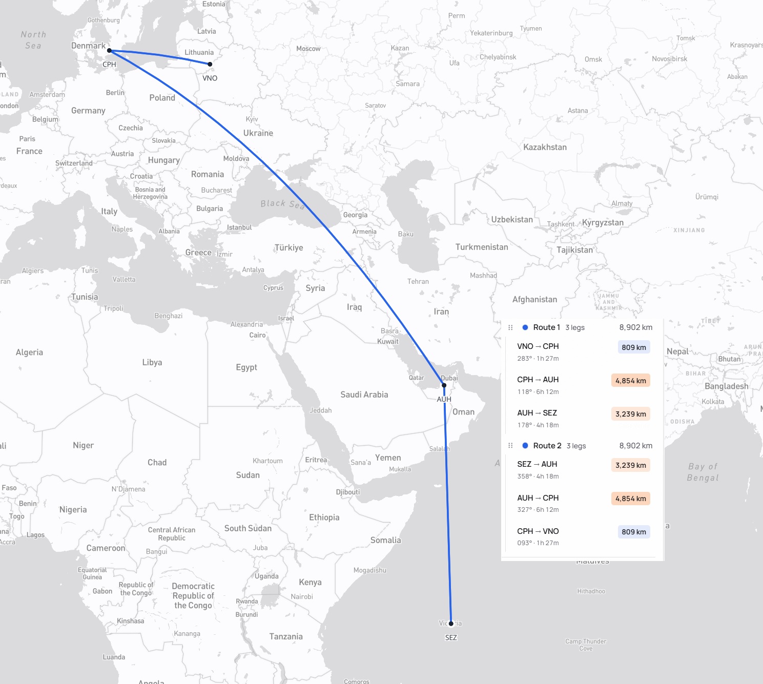 Kelionės maršrutas Vilnius – Kopenhaga – Abu Dabis – Mahė – Abu Dabis – Kopenhaga – Vilnius