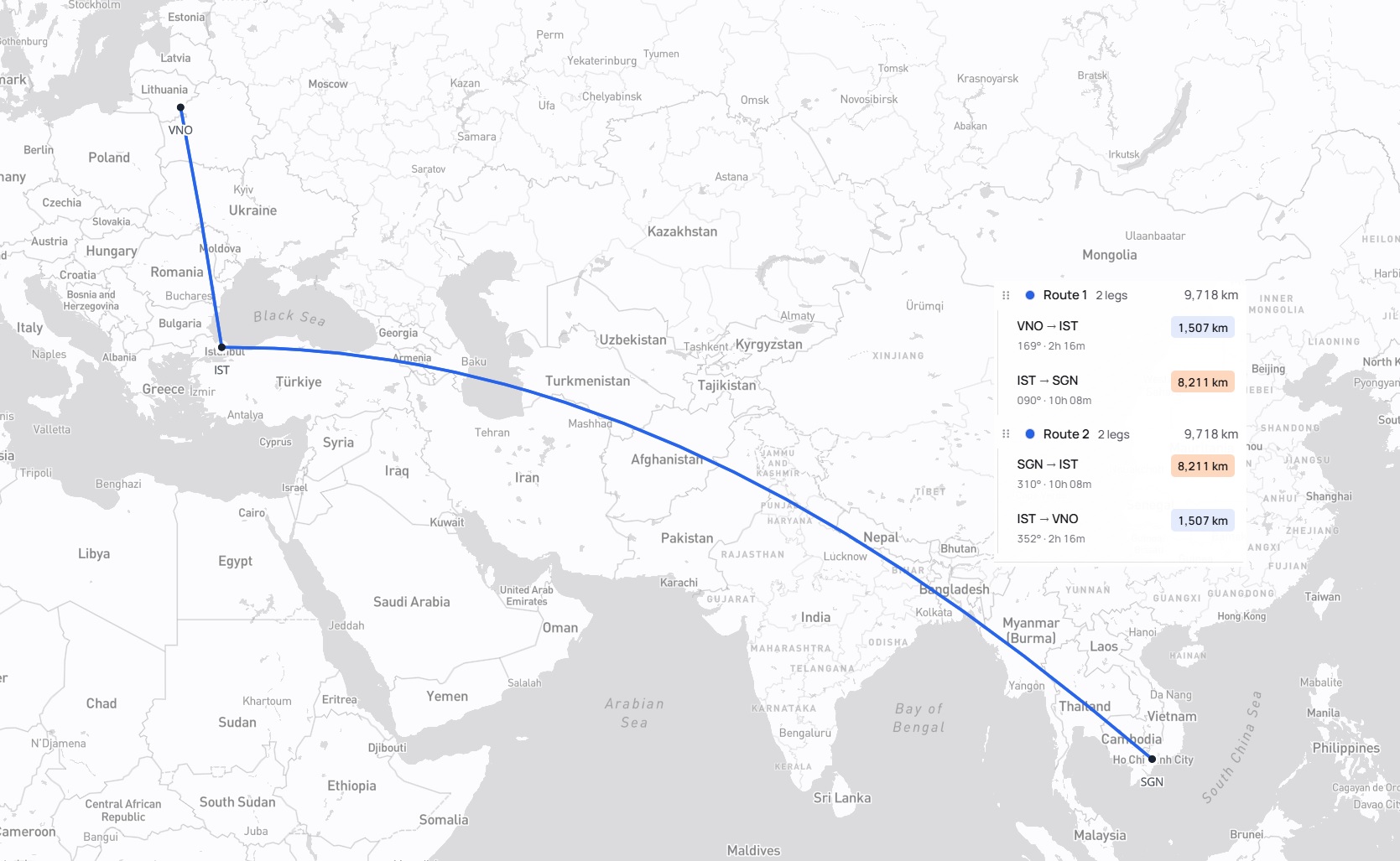 Kelionės maršrutas Vilnius – Stambulas – Hošiminas – Stambulas – Vilnius
