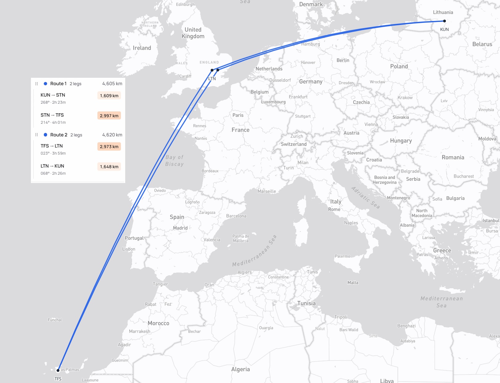 Kelionės maršrutas Kaunas – Londonas – Tenerifė – Londonas – Kaunas