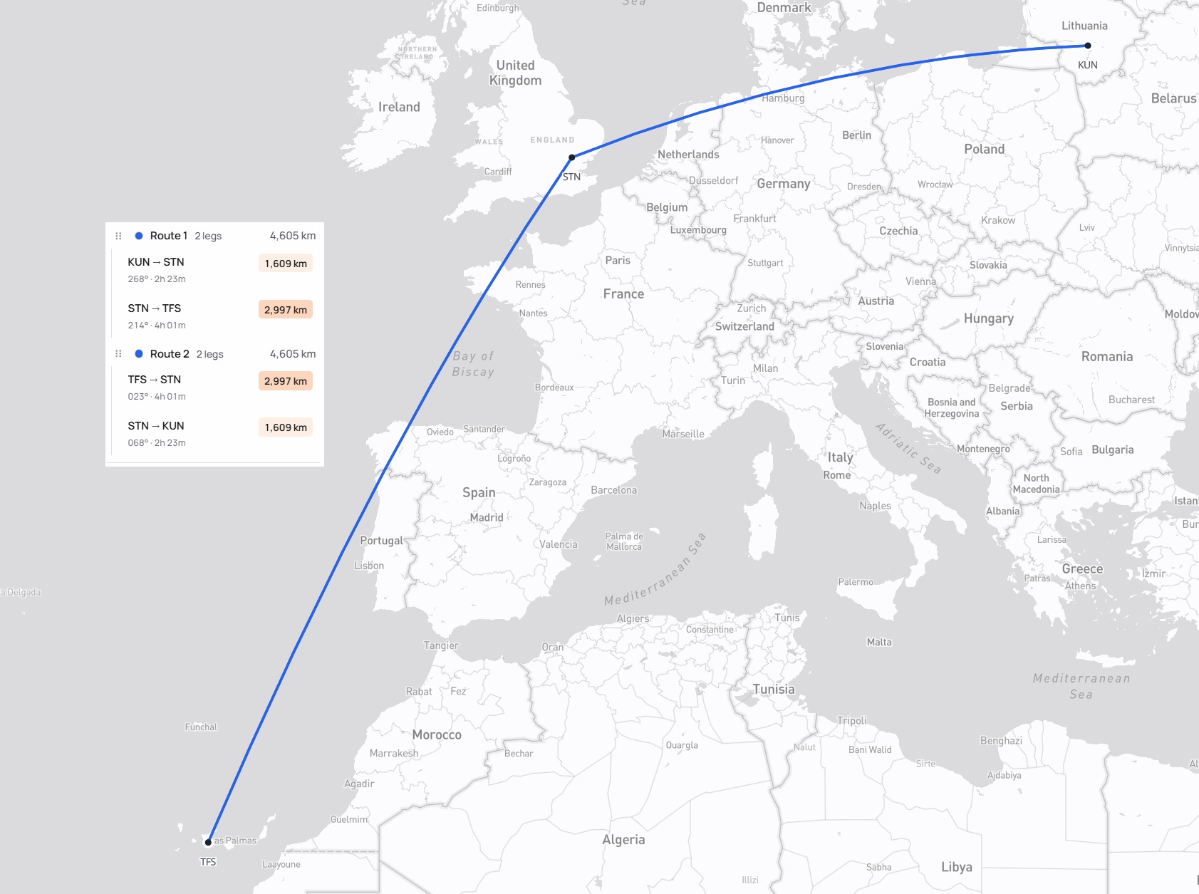 Kelionės maršrutas Kaunas – Londonas – Tenerifė – Londonas – Kaunas