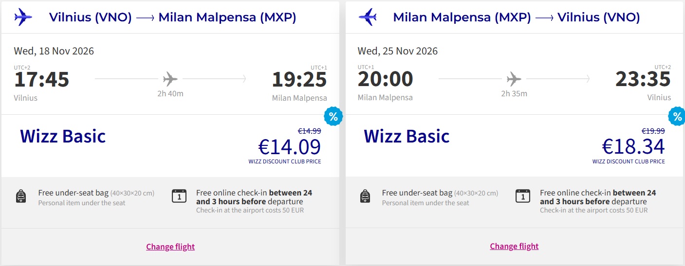 Pigūs bilietai į Milaną iš Vilniaus nuo 32,43 eurų