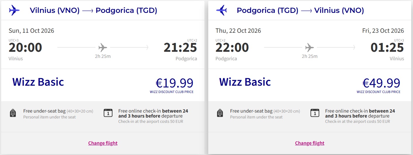 Pigūs bilietai į Podgoricą iš Vilniaus nuo 70 eurų