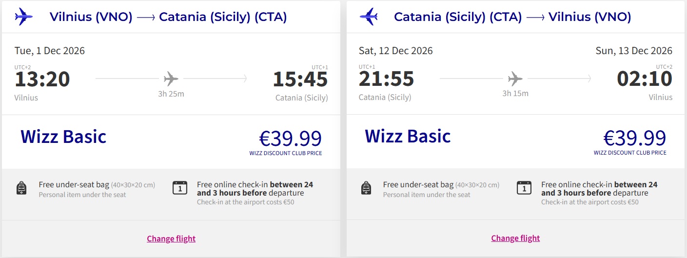 Pigūs bilietai į Kataniją iš Vilniaus nuo 79,98 euro