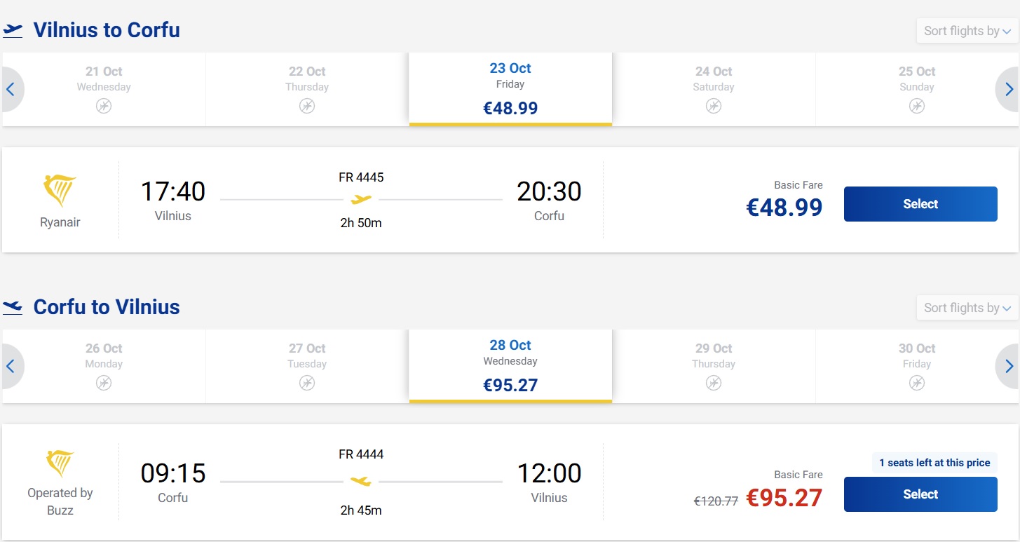 Pigūs bilietai į Korfu iš Vilniaus nuo 144,26 euro