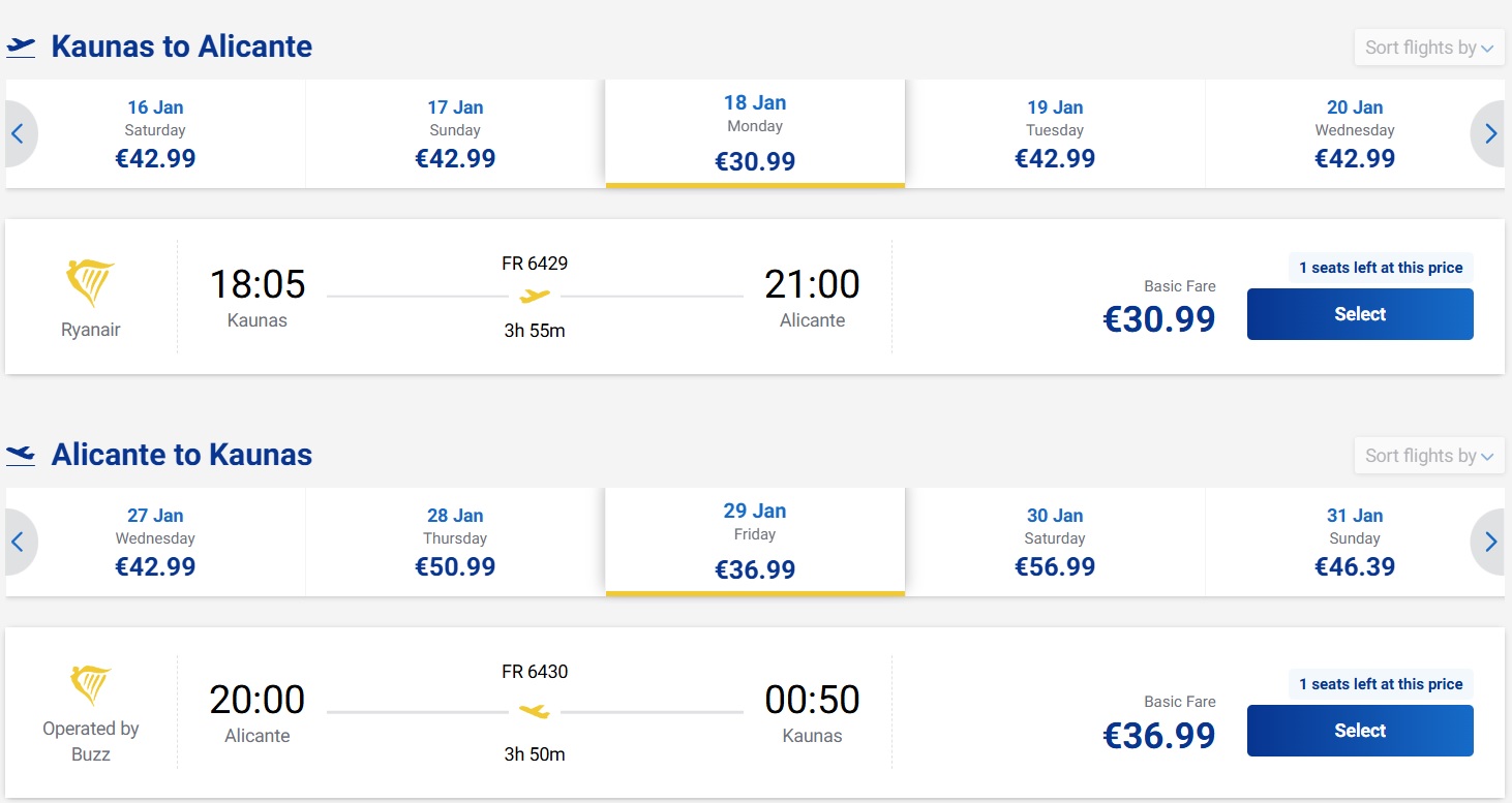 Pigūs bilietai į Alikantę iš Kauno nuo 68 eurų