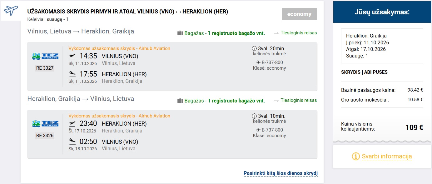 Kelionės į Kretą rezervacijos pavyzdys
