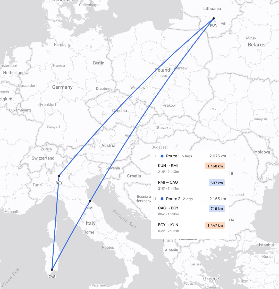 Kelionės maršrutas Kaunas – Riminis – Kaljaris – Milanas – Kaunas