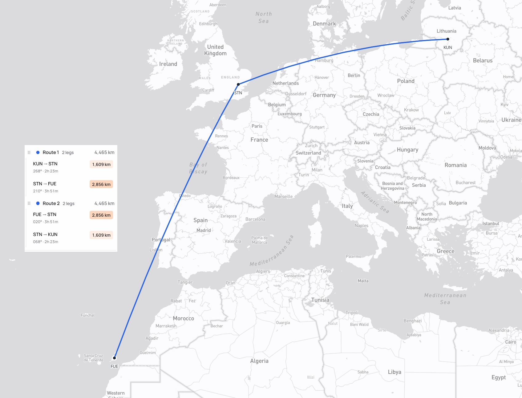 Kelionės maršrutas Kaunas – Londonas – Fuerteventura – Londonas – Kaunas