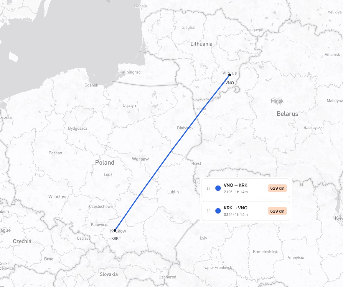 Kelionės maršrutas Vilnius – Krokuva – Vilnius