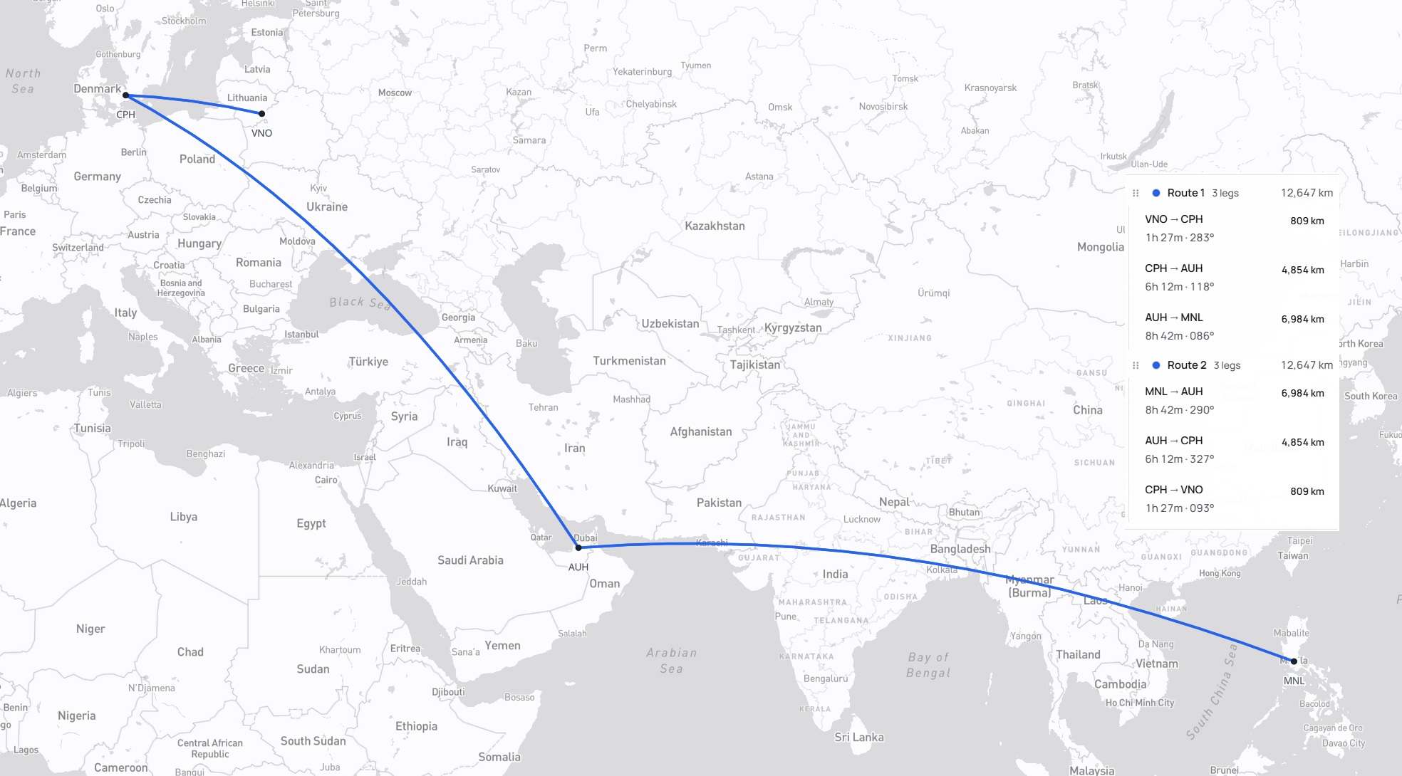Kelionės maršrutas Vilnius – Kopenhaga – Abu Dabis – Manila – Abu Dabis – Kopenhaga – Vilnius