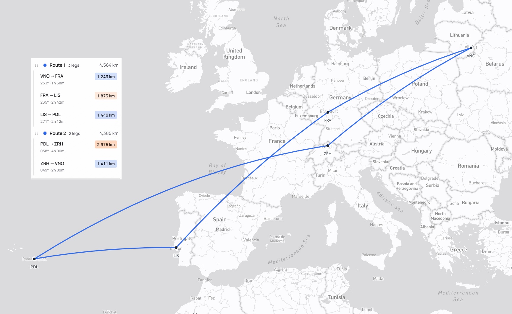 Kelionės maršrutas Vilnius – Frankfurtas – Lisabona – Ponta Delgada – Ciurichas – Vilnius