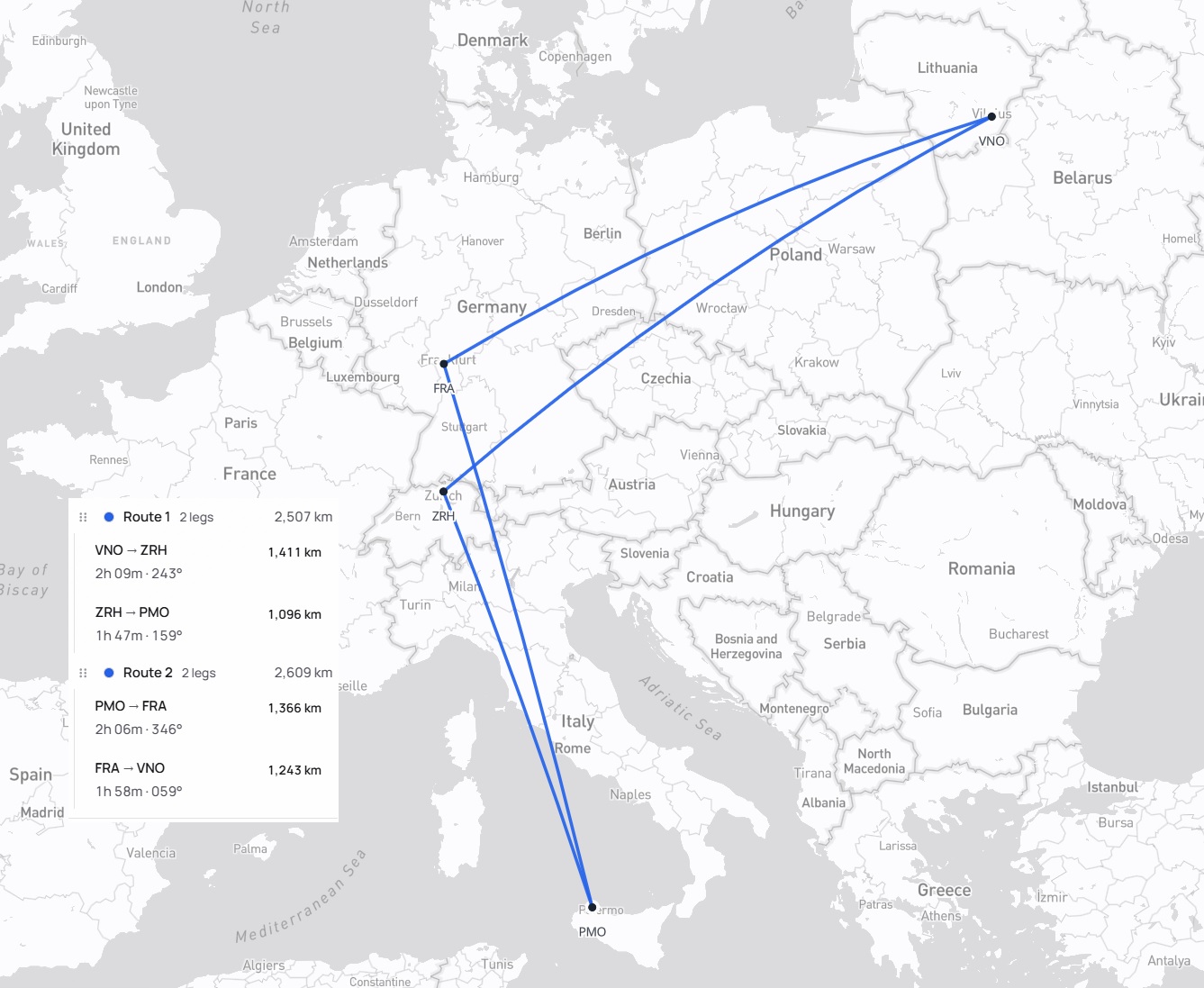 Kelionės maršrutas Vilnius – Ciurichas – Palermas – Ciurichas – Vilnius