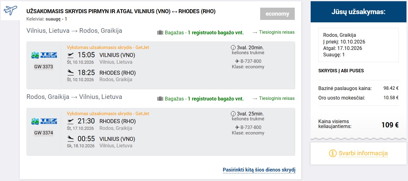 Kelionės į Rodo salą rezervacijos pavyzdys