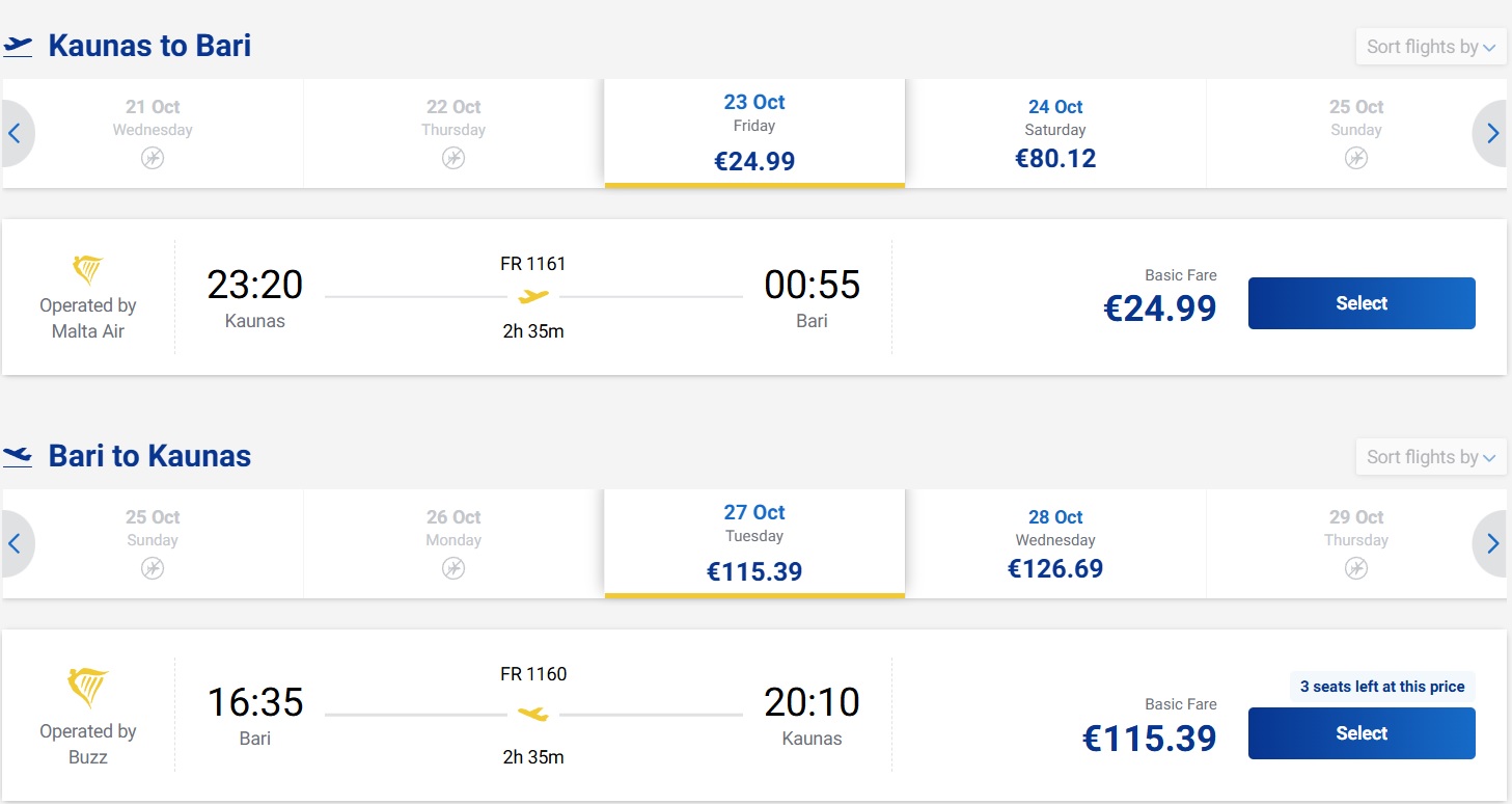 Pigūs bilietai į Barį iš Kauno nuo 140 eurų