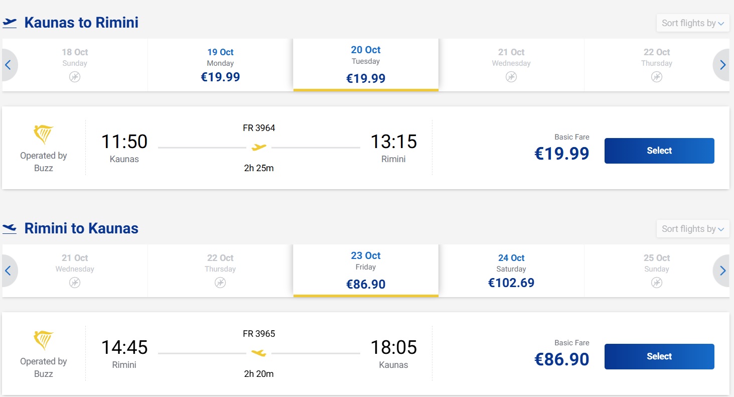 Pigūs bilietai į Riminį iš Kauno nuo 106,89 eurų